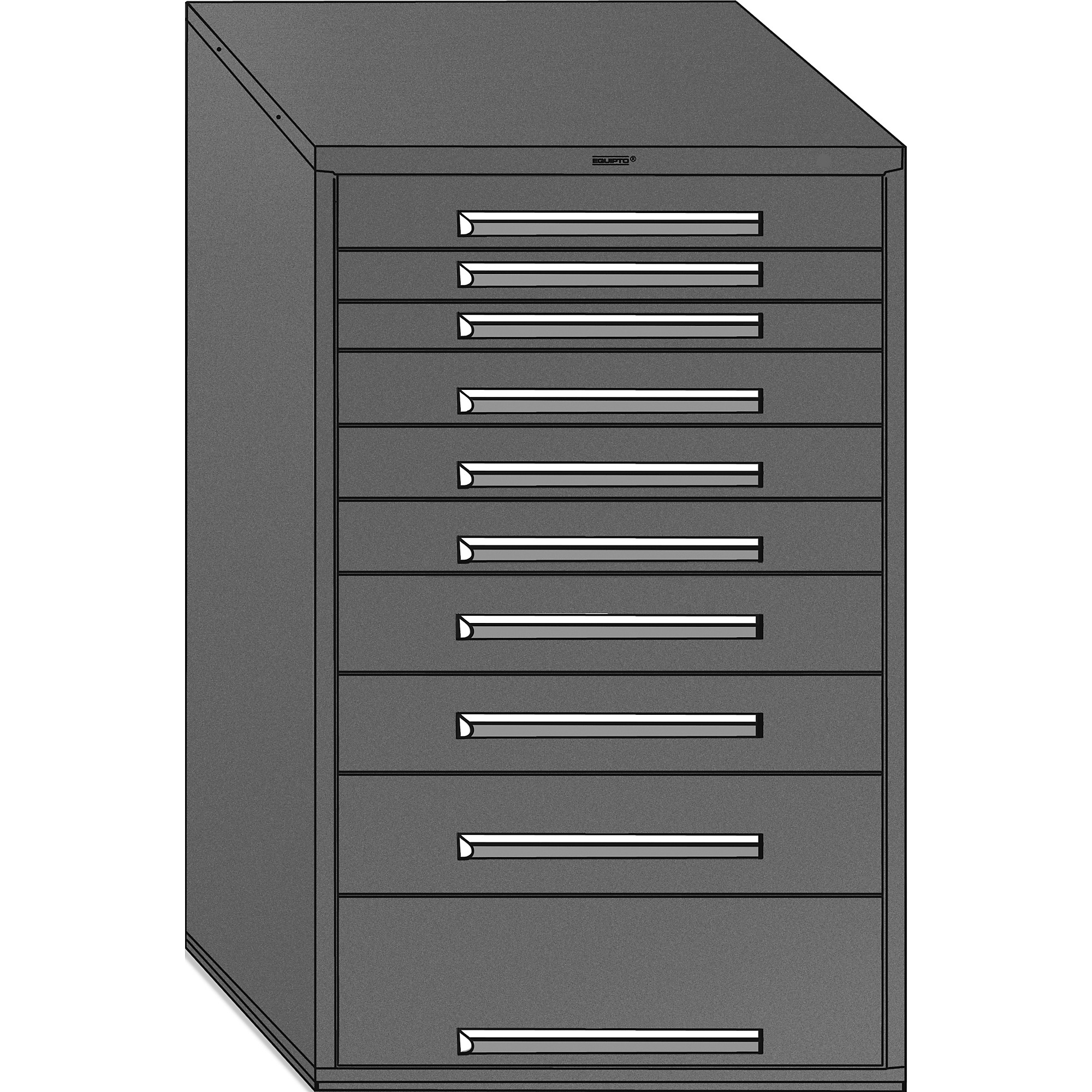 Equipto, 36-7/8in. W x 19in.D X 59in.H Modular Drawer Cabinet w Dividers, 3 3"h, 3 4.5"h 2 6"h 1 7.5"h 1 12'h drawers, 200 lb capacity each drawer Bins Included (qty.) 10 Model # S4344D18N-GY; Color: Smooth Office Gray